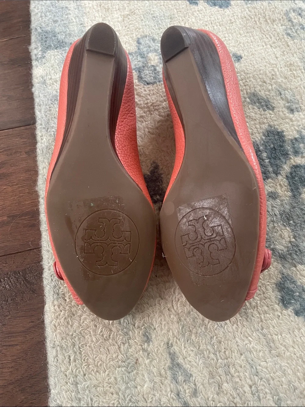 Tory Burch Coral Pink Leather Logo Peep-Toe Wedge